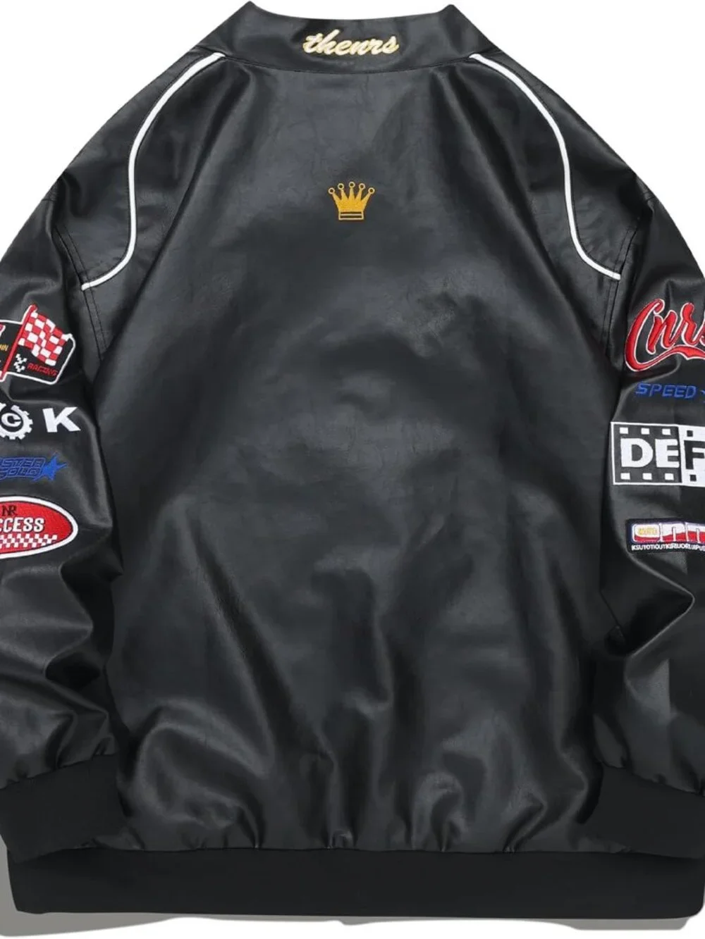 Faux Leather Motocross Jackets Oversized Vintage Racing Varsity Bomber Coat Men - Picture 5 of 6